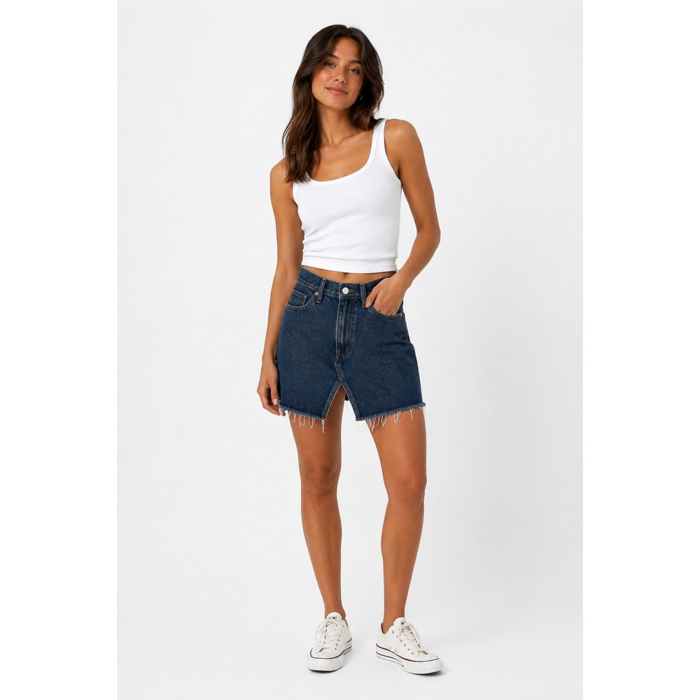 Madewell Rigid Denim A-Line Mini Skirt Medium Wash Raw Hem Size 28 High Rise